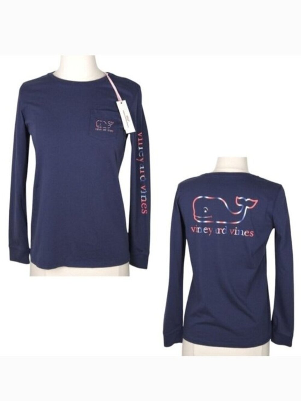 NWT Vineyard Vines Blue Red Americana TieDye Whale Long Sleeve Top- L Child Girl